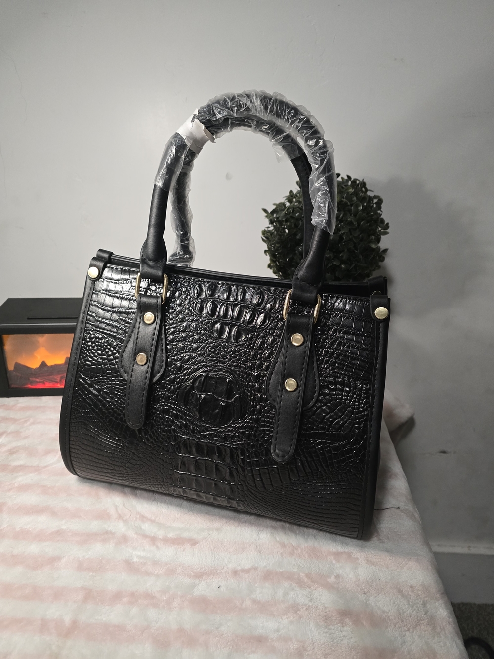 Classic Black Croc-Embossed Tote Bag